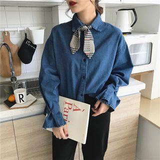 Plain Long-sleeve Loose-fit Denim Shirt With Scarf