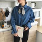 Plain Long-sleeve Loose-fit Denim Shirt With Scarf