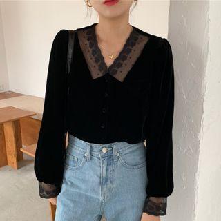 V-neck Lace Panel Velvet Top Black - One Size
