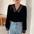 V-neck Lace Panel Velvet Top Black - One Size