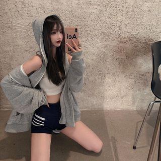 Mock Two Piece Off Shoulder Zip Jacket / High Waist Shorts