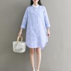Stand Collar Embroidery Stripe Shirtdress