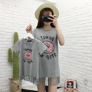Family Matching Donut Print Short Sleeve Fringed T-shirt Dress