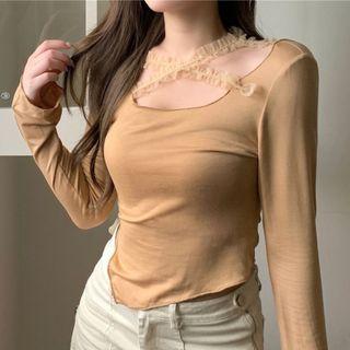Long-sleeve Lace Trim Irregular Top