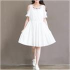 Embroidered Cut Out Shoulder Short Sleeve Dress