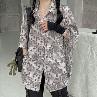 Elbow-sleeve Printed Shirt Gray - One Size