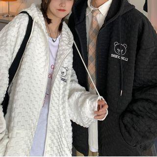 Bear Print Textured Hooded Zip Jacket