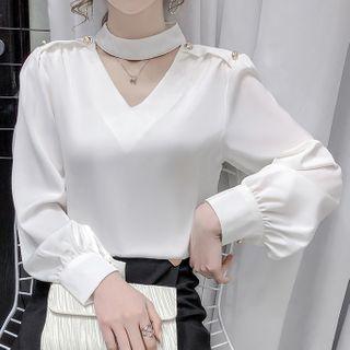 Long-sleeve Cutout Mock-neck Blouse