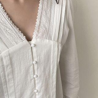 V-neck Lace-detail Blouse White - One Size