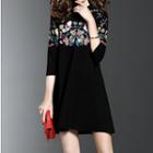 Lace Panel Butterfly Embroidered 3/4 Sleeve Dress