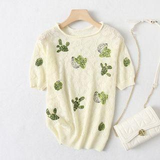 Short-sleeve Cactus Embroidered Knit Top Cactus - Pale Yellow - One Size