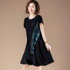 Asymmetric Lace Panel Short-sleeve Midi A-line Dress