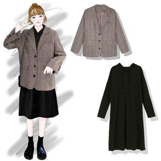Plaid Blazer / Long-sleeve Midi A-line Dress
