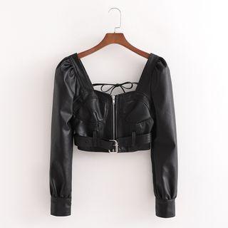 Zip-up Faux Leather Crop Blouse