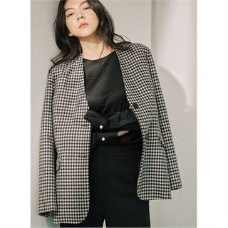Collarless Gingham Blazer Black - One Size