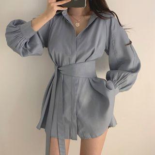 Set: Lantern-sleeve Mini A-line Shirtdress + Shorts