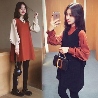 Set: Plain Blouse + Sleeveless A-line Dress