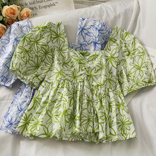 Square-neck Printed Peplum Top