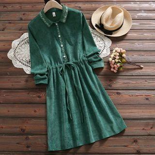 Long-sleeve Embroidered Midi A-line Corduroy Shirtdress