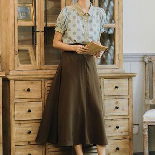 Set: Short-sleeve Dotted Shirt + A-line Midi Skirt