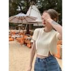Short-sleeve Slit Crop Knit Top Off-white - One Size