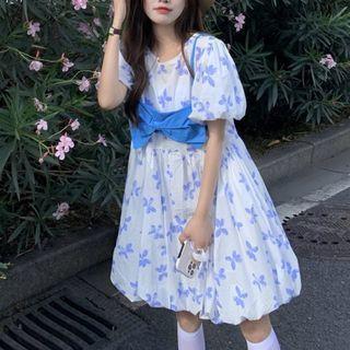 Puff-sleeve Print Mini A-line Dress / Ribbon Cropped Camisole Top