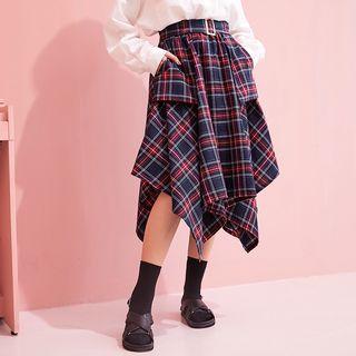 Asymmetric Hem Plaid A-line Skirt Dark Blue - One Size