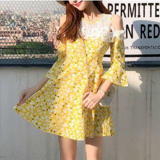 Print Bell-sleeve Cold-shoulder A-line Dress