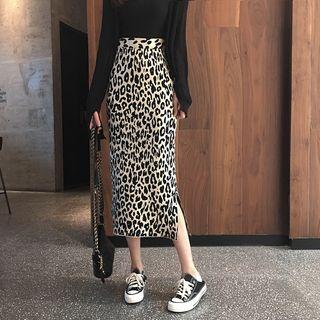 Leopard Slit-hem Pencil Skirt As Shown In Figure - One Size