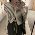 Striped Hooded Zip Cardigan White - One Size