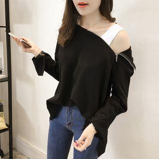 Long-sleeve Cut-out Shoulder Side Slit Hoodie