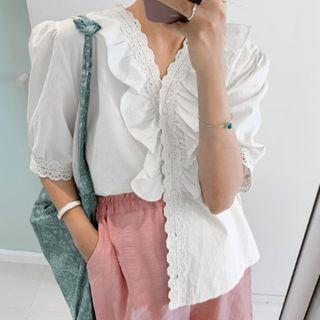 Puff-sleeve Lace-trim Frilled Blouse