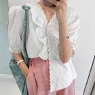 Puff-sleeve Lace-trim Frilled Blouse