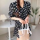 Puff-sleeve Drawstring-front Patterned Dress