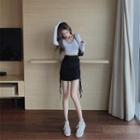 High Waist Pleated Skinny Skirt Black - One Size