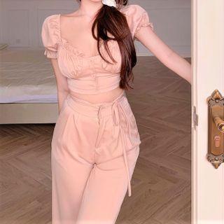 Set: Puff-sleeve Ruched Blouse + Wide-leg Pants