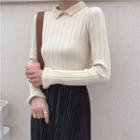 Ribbed Collared Long-sleeve Top