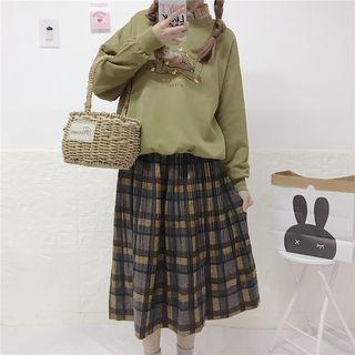 Bear Print Sweatshirt/ Gingham Midi A-line Skirt/ Plaid Shirt