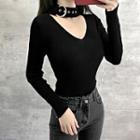 Long-sleeve Buckled Cutout Knit Top Black - One Size
