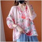 3/4-sleeeve Floral Print Blouse Red Floral - White - One Size