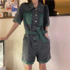Elbow-sleeve Two-tone Denim Wide Leg Romper