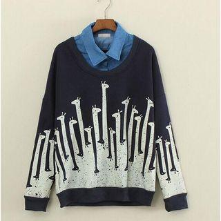 Mock Two Piece Collared Giraffe Print Pullover