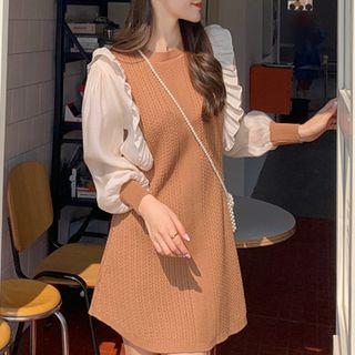 Long-sleeve Ruffle Trim Two-tone A-line Dress