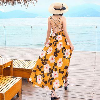 Cross Back Flower Print Midi Spaghetti Strap Dress