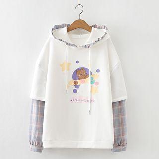 Mock Two-piece Cartoon Print Plaid Panel Hoodie