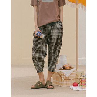 Band-waist Gingham Harem Pants One Size