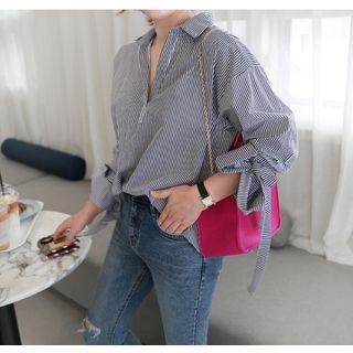 Collared Long-sleeve Tie-cuff Open-placket Stripe Top