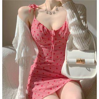 Spaghetti-strap Heart Print Mini Sheath Dress / Ribbed Cardigan