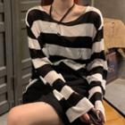 Distressed Striped Knit Top Stripes - Black & White - One Size