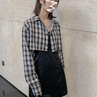 Set: Plaid Cropped Shirt + Spaghetti Strap Mini Dress